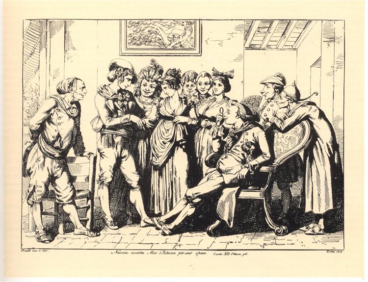 Nuccia accepts Meo Patacca for her husband (Plate 52/52), 1823 - Bartolomeo Pinelli