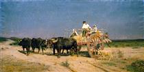 A cart with some farmers pulled by buffaloes from the Maremma - Aurelio Tiratelli
