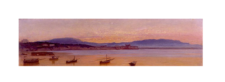 View of the city of Nettuno at dawn with fishing boats - Giovanni (Nino) Costa