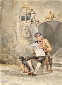 Security guard reading newspaper at the staircase - Hugo Mühlig