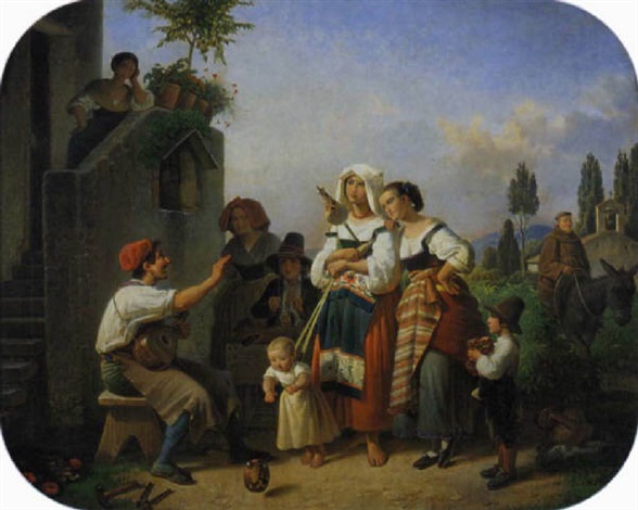 An Italian shoemaker playing music in front of his house, surrounded by local women with their children, 1872 - Theodor Leopold Weller