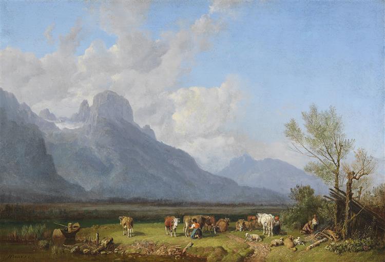 Cattle herders on the lakeside, 1850 - Heinrich Bürkel