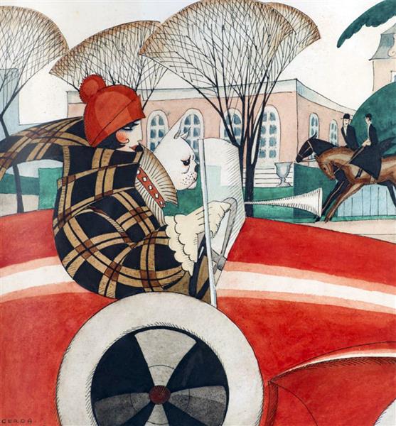 Girl and Pug in An Automobile (sketch for Front Page Illustration in Vore Damer), 1927 - Gerda Wegener