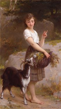 Young girl with goat and flowers - Émile Munier