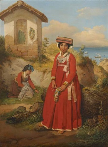 Young Italians picking a bouquet of flowers - Jean Victor Schnetz