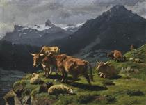 Cattle and sheep in an Alpine landscape - Rosa Bonheur