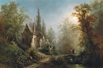 A Moonlit Night over a Chapel and Riders - Albert Rieger