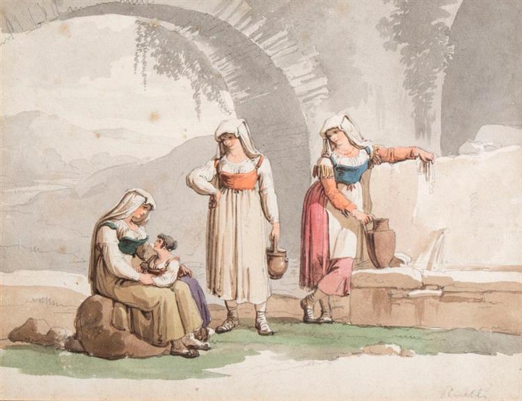 Three ciociare costumes, from the Papal States, taking water, 1808 - Bartolomeo Pinelli
