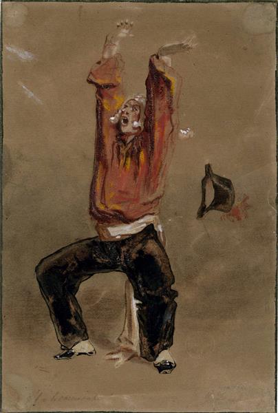 Man in a red shirt with hands raised over his head, possibly study of an actor - Поль Гаварні