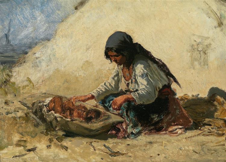 Gypsy girl is changing a baby in a wooden tub - August von Pettenkofen