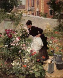 Young woman in the flower garden - Victor Gilbert