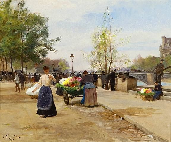 Busy street scene in Paris; flower vendors, c.1890 - Victor Gilbert