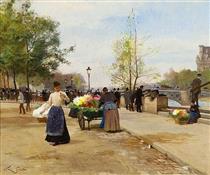 Busy street scene in Paris; flower vendors - Victor Gilbert