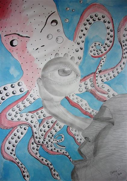 Ciclope de piedra a punto de ser devorado por un calamar gigante, 2016 - Ателье