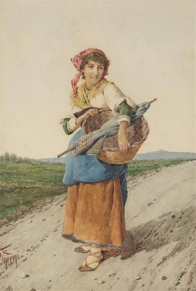 Peasant woman with basket and umbrella - Filippo Indoni