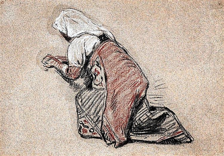 Kneeling girl in prayer (study for "Pilgrims at the Foot of the Statue of Saint Peter in Saint Peter's Church in Rome"), c.1864 - Леон Бонна