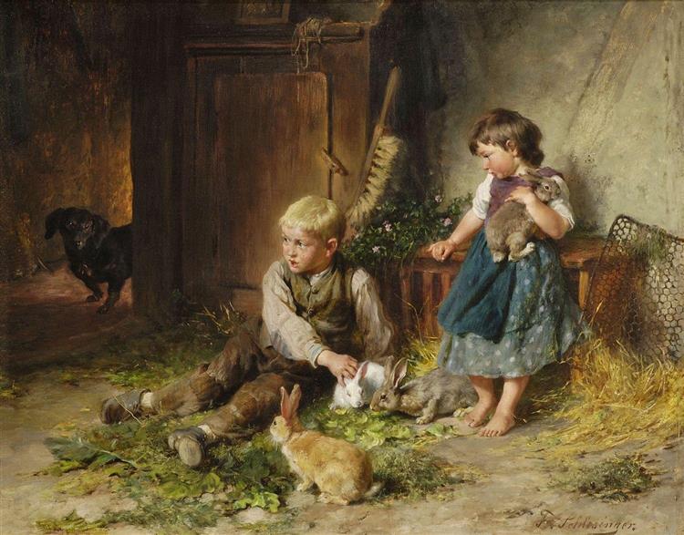 Girl and boy with rabbits in the stable - Felix Schlesinger