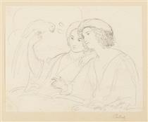 Study sheet with two young men and a parrot - Leopold Pollak