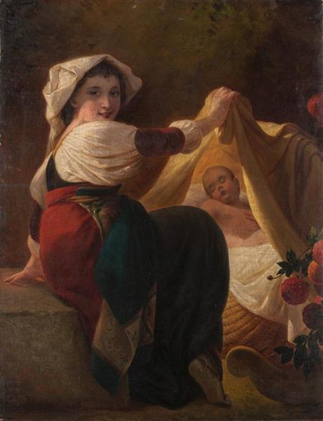 Young Neapolitan girl, showing the sleeping child in the cradle, c.1839 - Leopold Pollak
