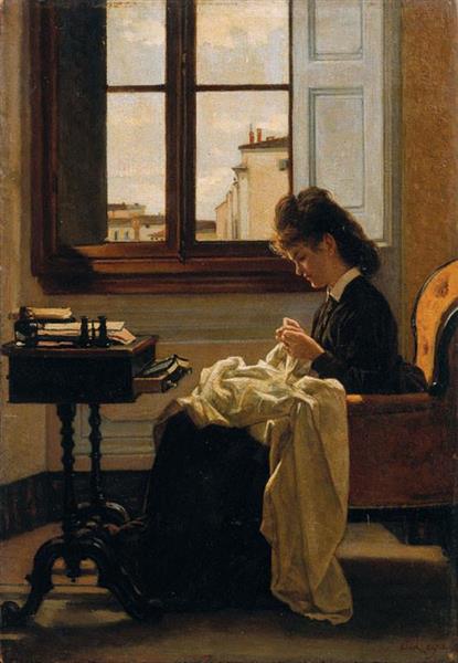 Woman sitting by a window sewing, 1872 - Сильвестро Лега