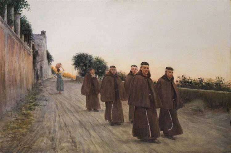 Country road with friars - Vincenzo Caprile