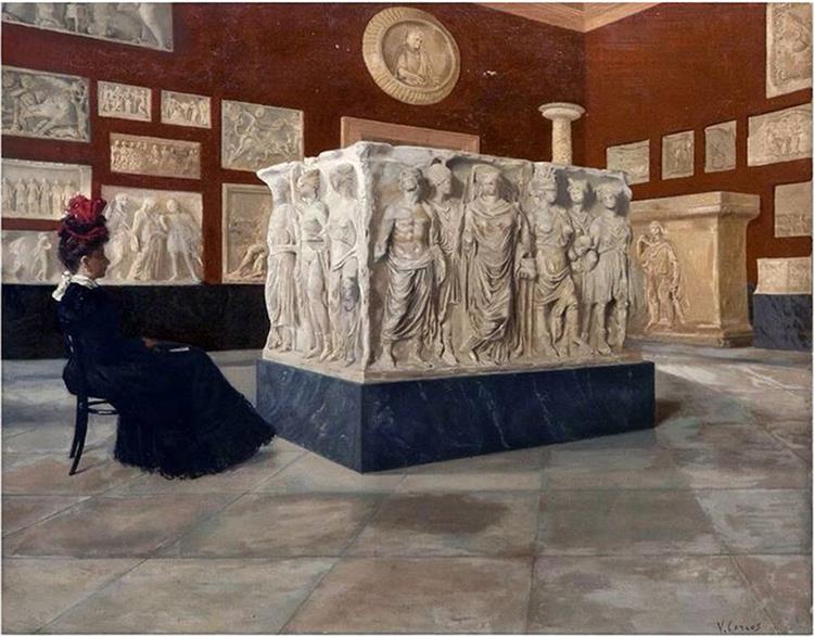 Dame visiting the National Museum of Naples, contemplates the Pozzuoli Base, c.1889 - c.1899 - Витторио Маттео Коркос
