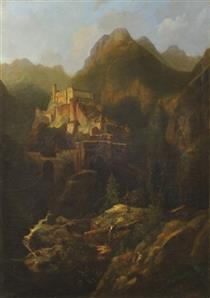 Landscape with castle in mountain gorge - Carl Julius von Leypold