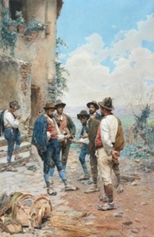 Roman farm workers playing the game of 'rock, paper, scissors' in the courtyard, 1892 - Gustavo Simoni