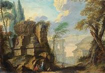Landscape with Figures among Roman Ruins - Jean Barbault