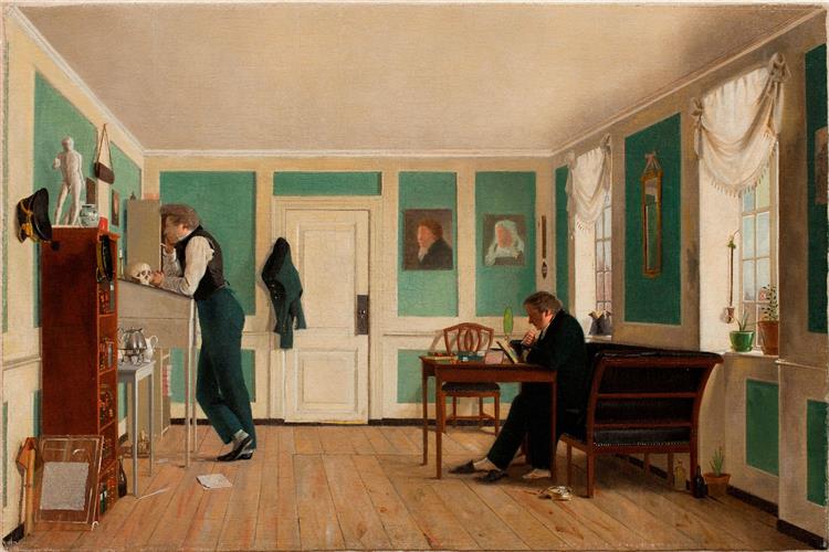 Room in Amaliegade with the Artist's Brothers (Captain Carl Ludvig Bendz standing and Dr. Jacob Christian Bendz seated), c.1826 - Wilhelm Bendz