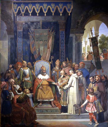 Charlemagne, surrounded by his main officers, receives Alcuin