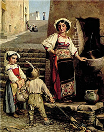 Roman street scene with a woman and two children at a well - Wenzel Tornøe