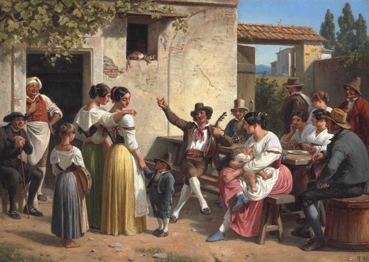 An improviser. A fisherman from Ischia is improvising for the young girls on his lute, 1853 - Вильгельм Марстранд