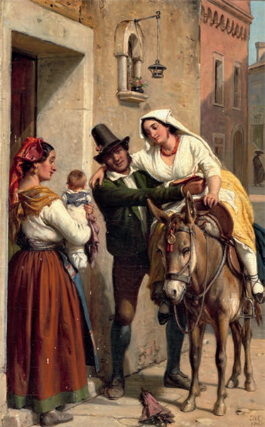 Roman street scene with mother and child greeting a couple, 1860 - Wilhelm Marstrand