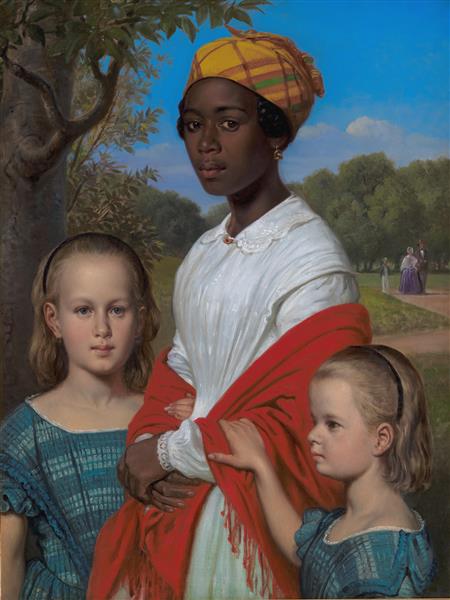 Portrait of Otto Marstrand's Two Daughters and their West Indian Nanny, Justina, in Frederiksberg Garden, 1857 - Wilhelm Marstrand