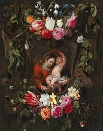 Madonna with child in a cartouche framed by a garland of flowers - Daniel Seghers