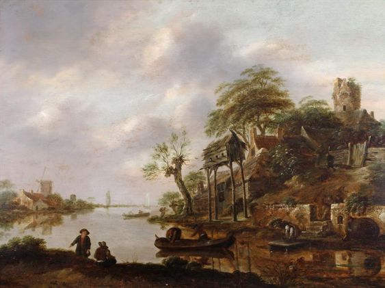 River landscape with a rowboat at a castle ruin - Klaes Molenaer