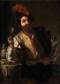 Portrait of a country servant with wine glass on a stone pedestal - Николя Турнье
