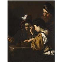 Young boys playing backgammon an old man watching in the background - Nicolas Tournier