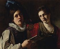 A young man singing with a young woman holding a rose - Nicolas Tournier
