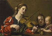 A woman playing the violin with two children singing - Николя Турнье