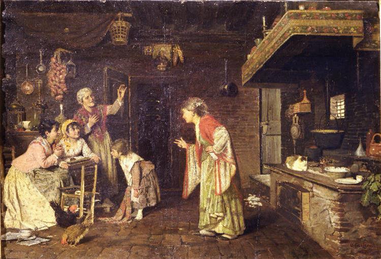 Conversation between women and girls in the kitchen of a peasant house, 1880 - Джакомо Фавретто