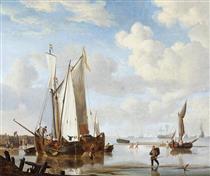 A Wijdschip And A Kaag In An Inlet Close To A Sea-wall - Willem van de Velde the Younger