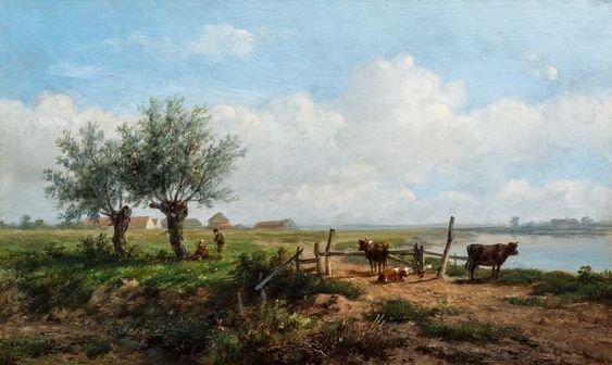Dutch river landscape with resting countryfolk and cows - Anthonie Jacobus van Wijngaerdt