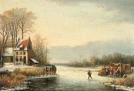 Figures on the ice with a 'koek en zopie' beyond - Cornelis Kimmel