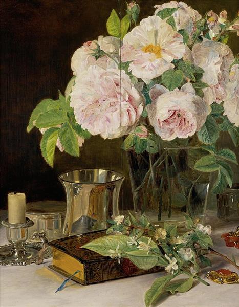 Roses In Glass Still Life With Roses, Candlestick And Silver - Ferdinand Georg Waldmüller