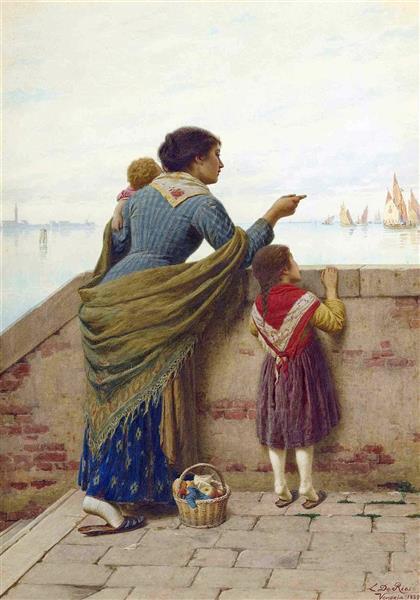 An outing to the water's edge, Venice, 1889 - Luigi Da Rios