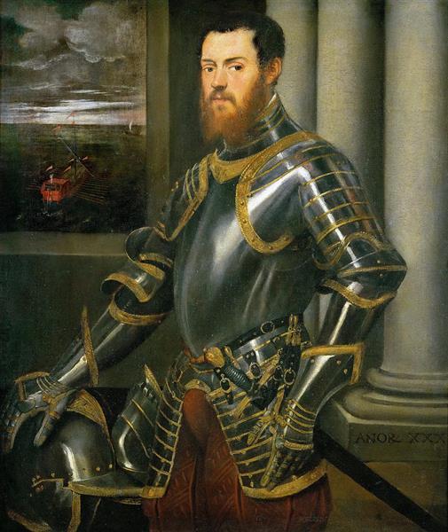 Portrait of a Man in a Gold Decorated Suit of Armour - Тинторетто