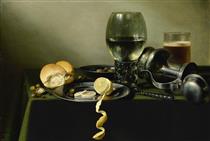 A Roemer An Overturned Pewter Jugolives Half Peeled Lemon on Pewter Plates - Pieter Claesz