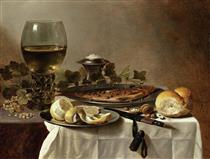 Still Life with Herring, Wine and Bread - Pieter Claesz